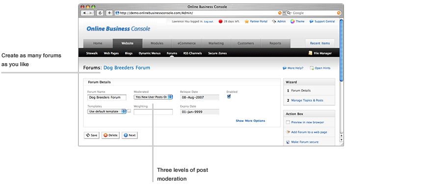 Manage forums from the administration site.