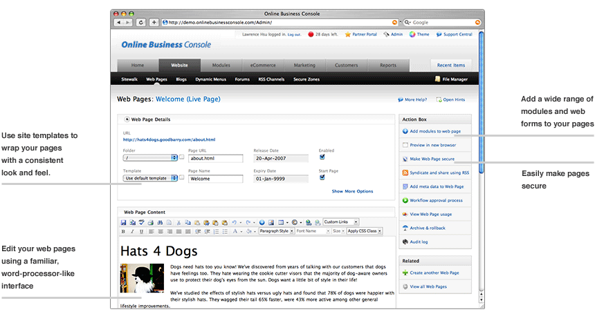 Add or edit web pages with the content management system