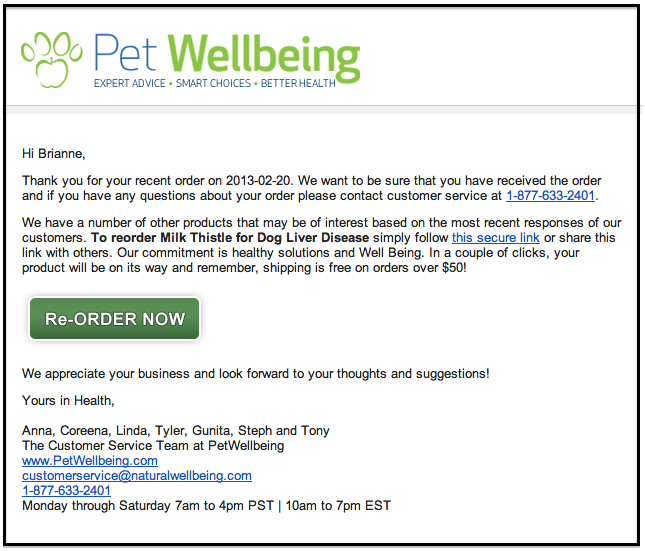 Pet wellbing email