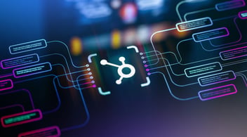 A graphic of a circuitboard with the HubSpot logo in it
