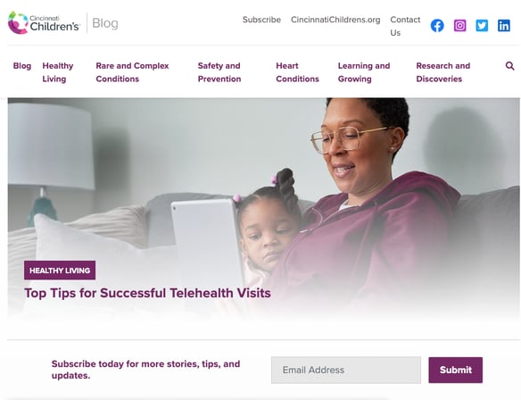 The homepage for Cincinnati Children's Hospital, illustrating how to use opt-ins whether or not you have a HIPAA compliant CRM