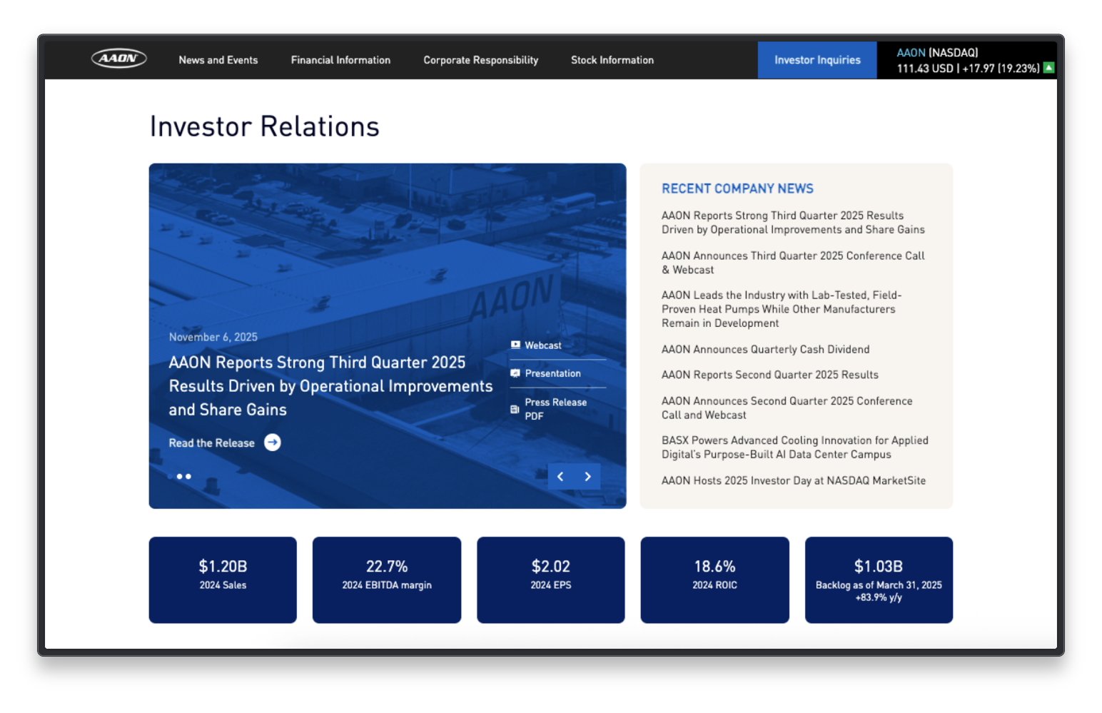 Screenshot of AAON's IR page