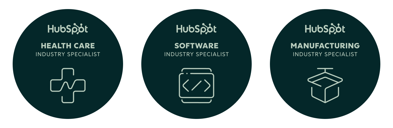 HubSpot industry badges in Healthcare, Software and Manufacturing