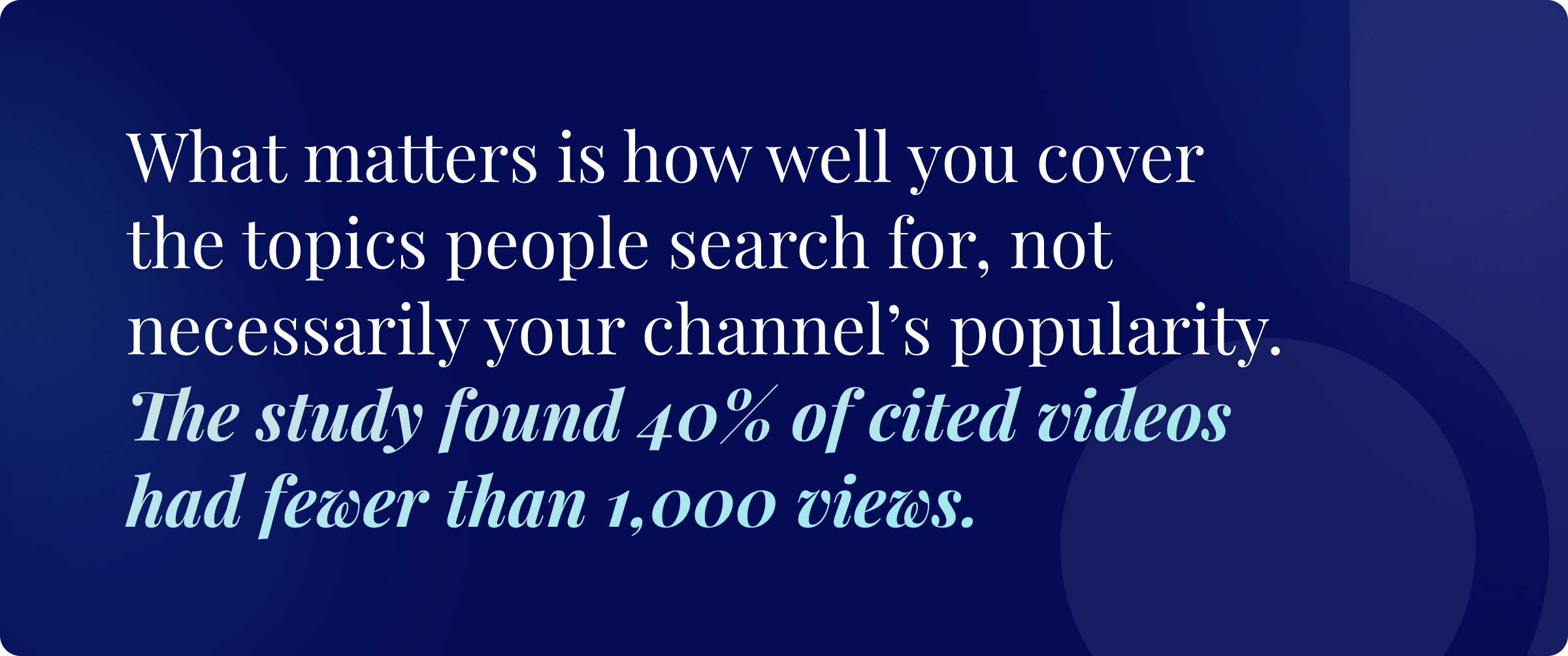 Callout graphic: What matters is how well you cover the topics people search for, not necessarily your channel’s popularity. The study found 40% of cited videos had fewer than 1,000 views.