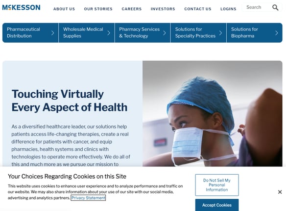 The McKesson homepage, illustrating how to disclose data collection whether or not you use HIPAA compliant CRM software.