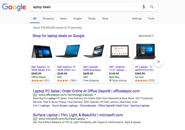 Google PPC example searching for laptop deals