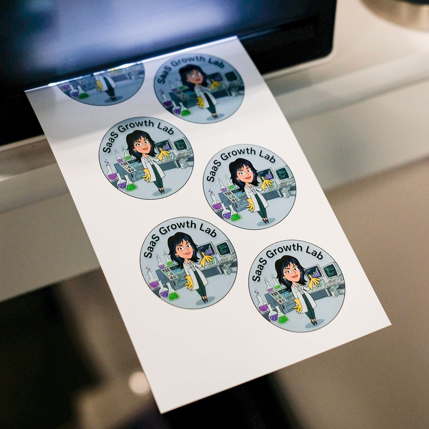 Custom mad scientist stickers at the Kuno x hapily SaaStock 2026 booth.