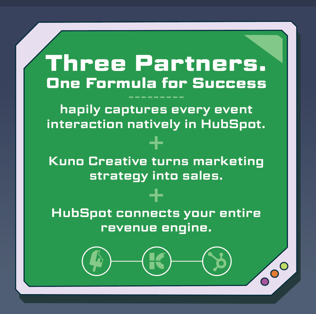 Creative developed for the Kuno x hapily booth at SaaStock 2026: "Three partners. One formula for success. hapily captures every event interaction in HubSpot. Kuno Creative turns marketing strategy into sales. HubSpot connects your entire revenue engine.