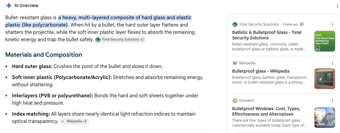Screenshot of a Google AI Overview summarizing bullet-resistant glass, a product offered by Total Security Systems, a Kuno client