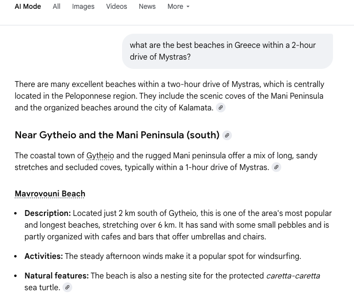 AIO screencap of beach recommendations in Greece