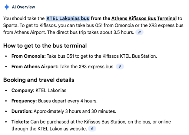 AI Overview screencap of bus routes in Greece